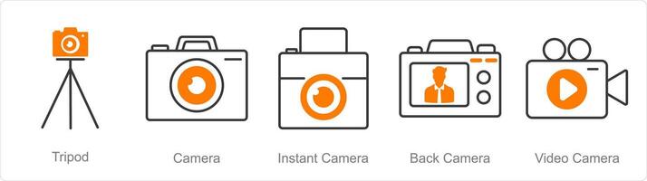 A set of 5 Photography icons as tripod, camera, instant camera vector