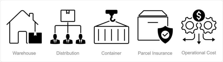 A set of 5 Logistics icons as warehouse, distribution, container, parcel insurance vector