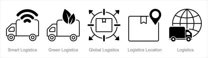 A set of 5 Logistics icons as smart logistics, green logistics, global logistics vector