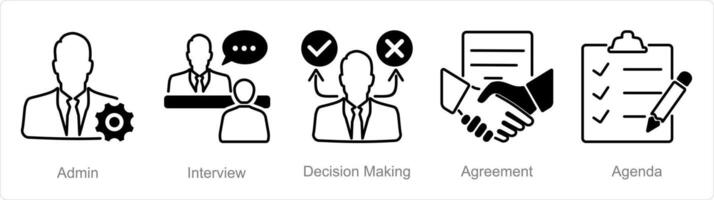 A set of 5 Meeting icons as admin, interview, decision making vector