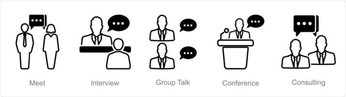 A set of 5 Meeting icons as meet, interview, group talk vector