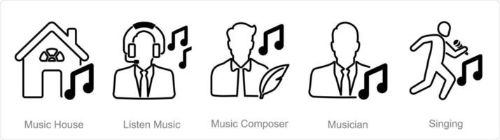 A set of 5 Music icons as music house, listen music, music composer vector