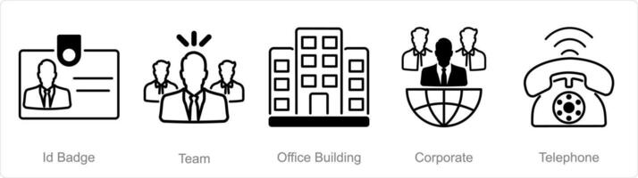 un conjunto de 5 5 oficina íconos como carné de identidad insignia, equipo, oficina edificio vector