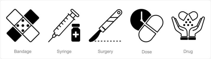 A set of 5 Pharmacy icons as bandage, syringe, surgery vector