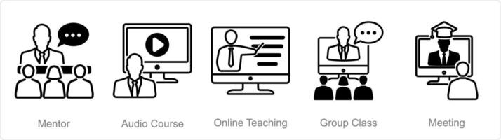 A set of 5 onlineeducation icons as mentor, audio course, online teaching vector