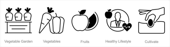 A set of 5 Organic Farming icons as vegetable garden, vegetables, fruits vector