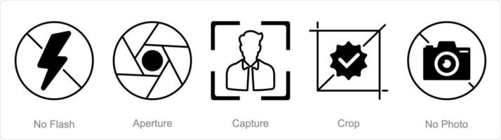 A set of 5 Photography icons as no flash, aperture, capture vector
