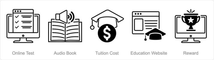 un conjunto de 5 5 educación en línea íconos como en línea prueba, audio libro, matrícula costo vector