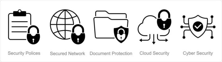 A set of 5 security icons as security policies, secured network, document protection vector