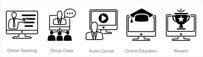 A set of 5 onlineeducation icons as online teaching, group class, audio course vector