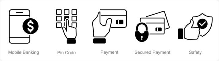 A set of 5 security icons as mobile banking, pin code, payment vector