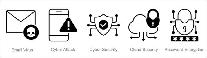 A set of 5 security icons as email virus, cyber attack, cybr security vector