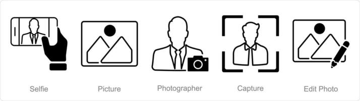 A set of 5 Photography icons as selfie, picture, photographer vector