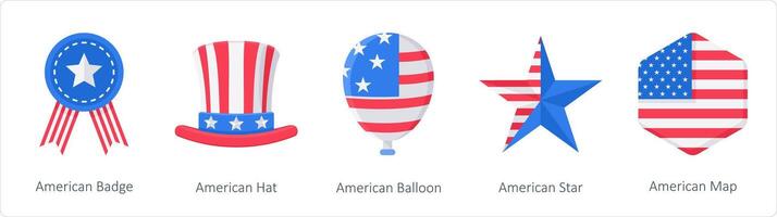 A Set of 5 America Independence Day icons as american badge, american hat, american balloon vector