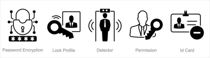 un conjunto de 5 5 seguridad íconos como contraseña cifrado, bloquear perfil, detector vector