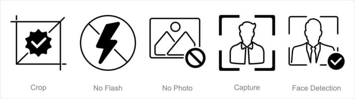 A set of 5 Photography icons as crop, no flash, no photo vector