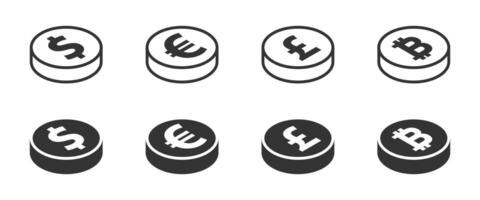 Set of coins. Dollar euro pound and bitcoin icons. Vector illustration.