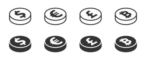 Set of coins. Dollar euro pound and bitcoin icons. Vector illustration.