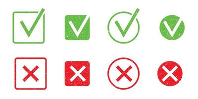 Textured check marks. Red and green. Vector illustration.