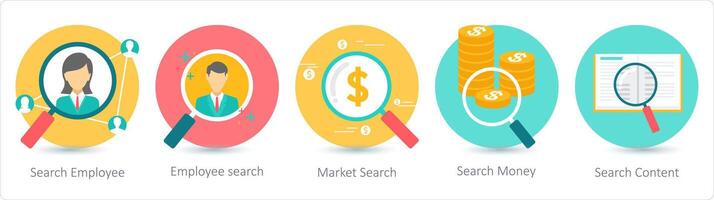 un conjunto de 5 5 negocio íconos como buscar empleado, empleado buscar, mercado buscar vector