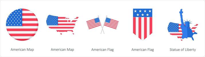 un conjunto de 5 5 America independencia día íconos como americano mapa, americano bandera, estatua de libertad vector