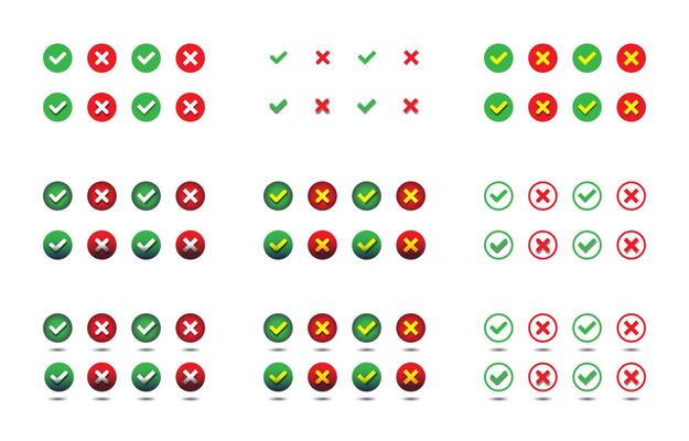 Set of check mark and X mark icons. Validation buttons collection. Vector illustration.