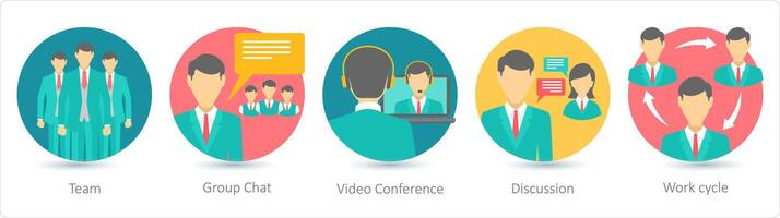 A set of 5 business icons as team, group chat, video conference vector