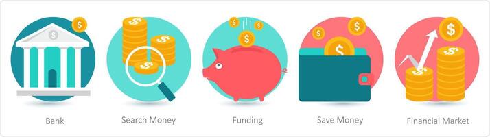 A set of 5 business icons as bank, search money, funding vector