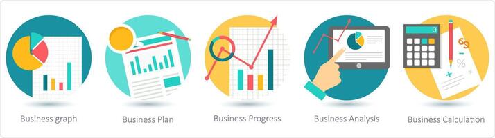 A set of 5 business icons as business graph, business plan, business progress vector