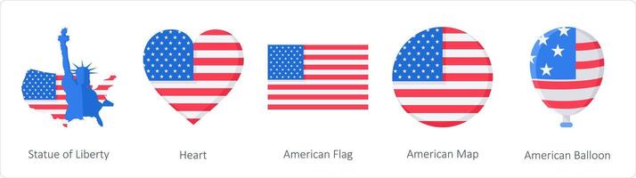 A Set of 5 America Independence Day icons as statue of liberty, heart, american flag vector