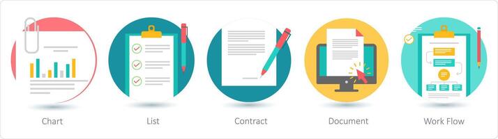 A set of 5 business icons as chart, list, contract vector