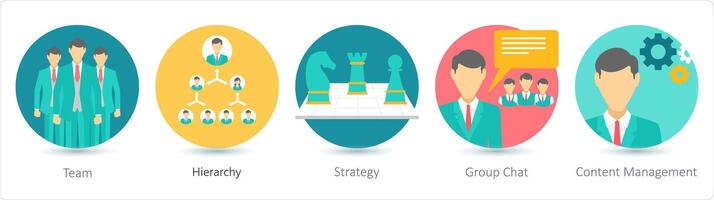 A set of 5 business icons as team, hierarchy, strategy vector