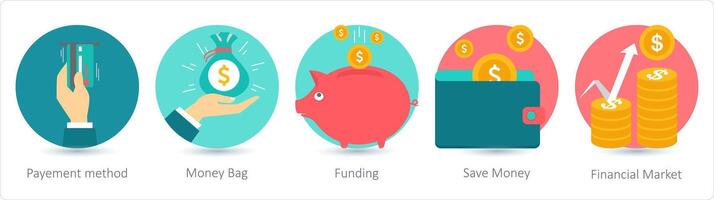 A set of 5 business icons as payment method, money bag, funding vector