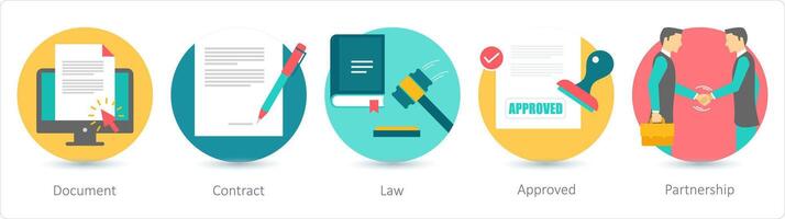 A set of 5 business icons as document, contract, law vector