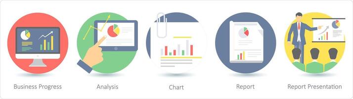 A set of 5 business icons as business progress, analysis, chart vector