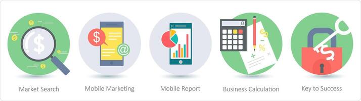 A set of 5 business icons as market search, mobile marketing, mobile report vector