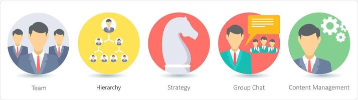 A set of 5 business icons as team, hierarchy, strategy vector