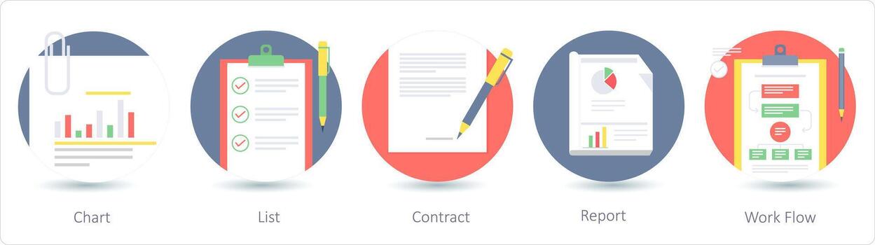 A set of 5 business icons as chart, list, contract vector