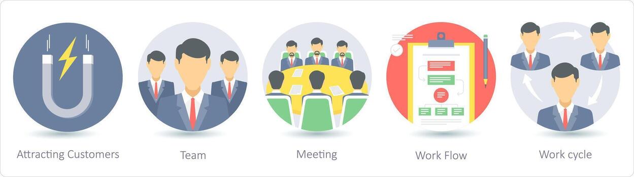 A set of 5 business icons as attracting customers, team, meeting vector