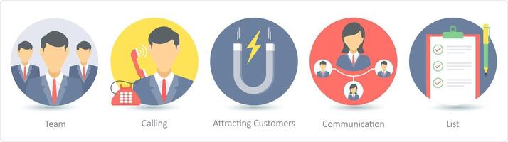 A set of 5 business icons as team, calling, attracting customers vector