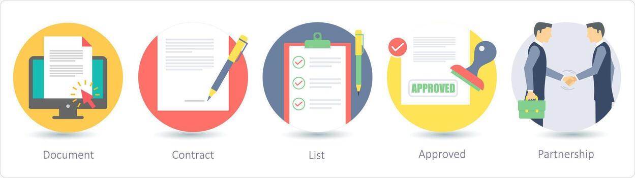 A set of 5 business icons as document, contract, list vector