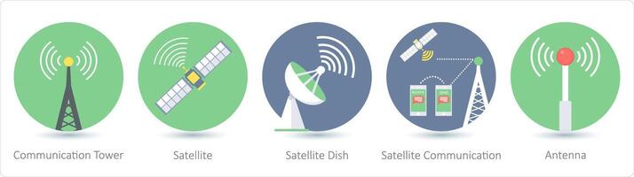 A set of 5 communication icons as communication tower, satellite vector