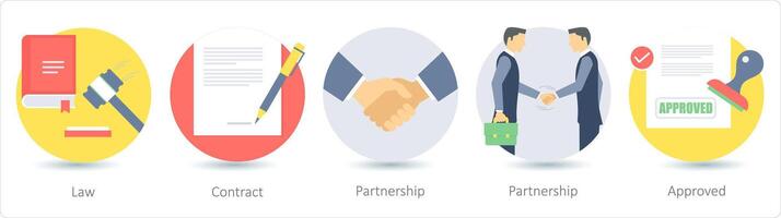 A set of 5 business icons as law, contract, partnership vector