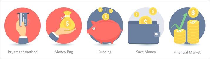 A set of 5 business icons as payment method, money bag, funding vector