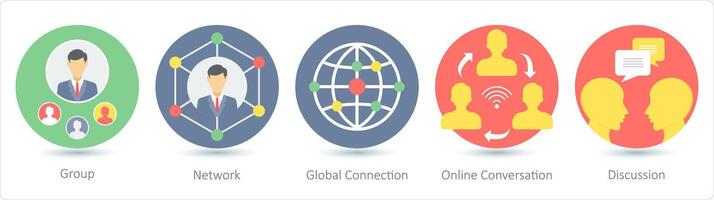 A set of 5 communication icons as group, network, global connection, online conversation vector