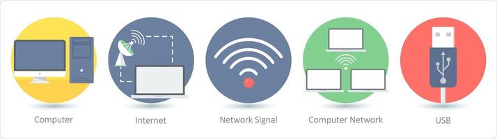 A set of 5 communication icons as computer, internet, network signal vector
