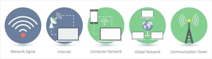 A set of 5 communication icons as network signal, internet, computer network vector