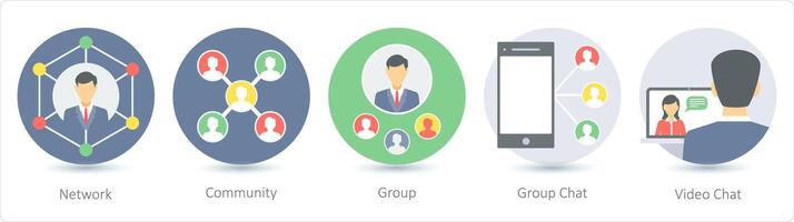 A set of 5 communication icons as network, community, group vector