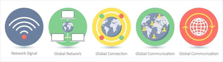 A set of 5 communication icons as network signal, global network, global connection vector