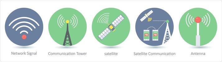 A set of 5 communication icons as network signal, communication tower vector